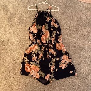 Girls floral romper navy blue pink flowers